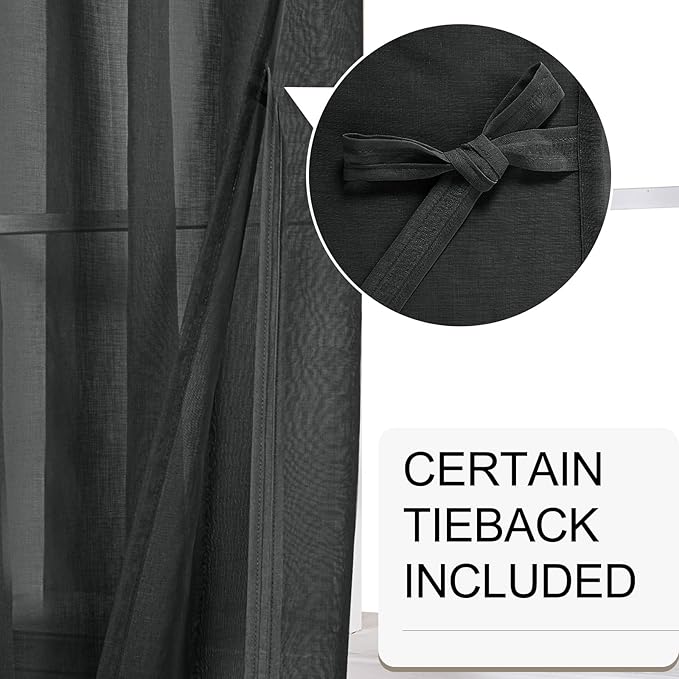 XWZO Black Sheer Curtains for Bedroom, Semi Transparent Light Filtering Grommet Voile Textured Window Curtains for Living Room, Nursery with Tiebacks, 52 x 63 Inches Long, Set of 2 Panels