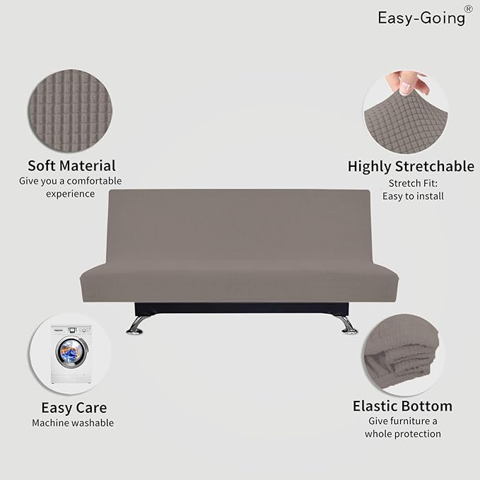 Easy-Going Stretch Futon Slipcover Armless Futon Bed Cover Furniture Protector Without Armrests with Elastic Bottom for Kids, Soft Jacquard Fabric Small Checks (Large, Taupe)
