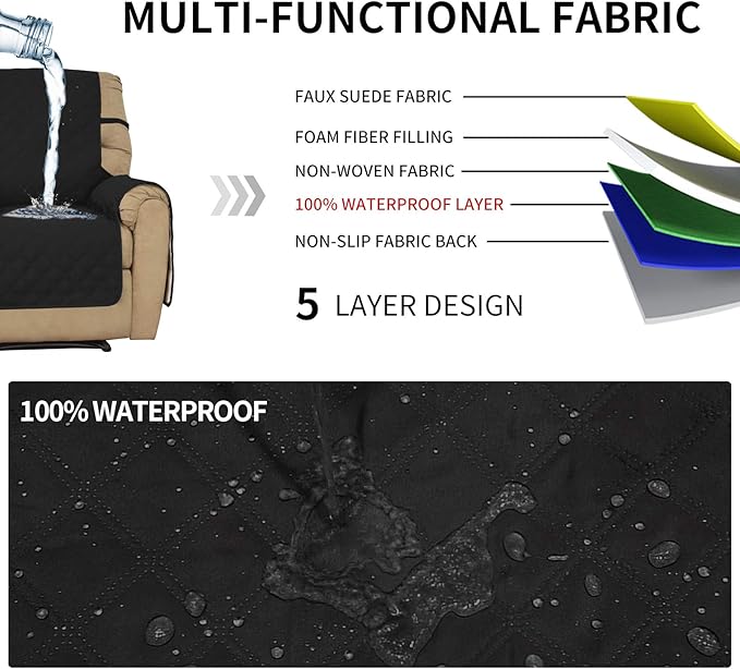 Easy-Going Sofa Slipcover Waterproof Recliner Chair Cover Non-Slip Fabric Couch Cover for Living Room Washable Furniture Protector for Pets Kids Children Dog Cat (Recliner, Black)