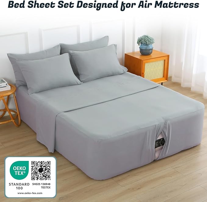 Extra Deep Pocket Twin Sheet Set for Air Mattress, 3 Piece Air Bed Sheets Set with 18-24 Inches Depth, Soft & Breathable Inflatable Bed Sheet Set with Flat Sheet, Fitted Sheet and Pillowcase, Grey