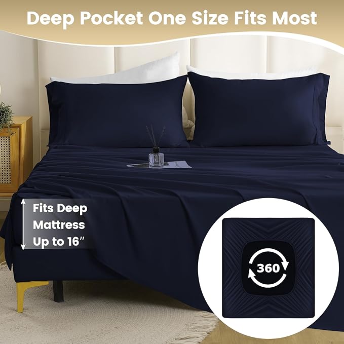 Twin XL Sheet Set - 3 Piece Silky Soft Breathable Bed Sheet & Pillowcase Set, 16" Deep Pocket Hotel Luxury Wrinkle Free Easy Care Bedding Sheets, Dark Blue