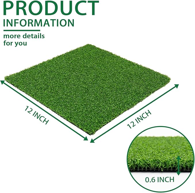 Artificial Turf Tiles 12X12 in,0.6 in Thick,Fake Grass Patch Indoor Outdoor Garden Lawn Patio,Synthetic Turf Mat,Realistic Grass Rug for Dogs Pets Lawn Landscape Squares,Green (10 Packs)