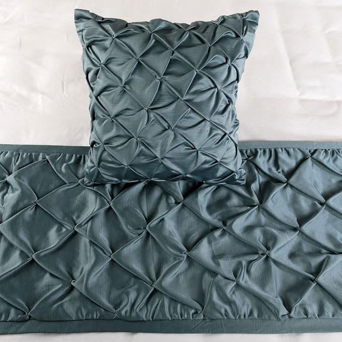 The HomeCentric Decorative Blue Queen 74 x 18 inch Bed Runner with Pillow Cover, Satin Pintucks Bed Scarf, Solid Color Modern - Satin Nights