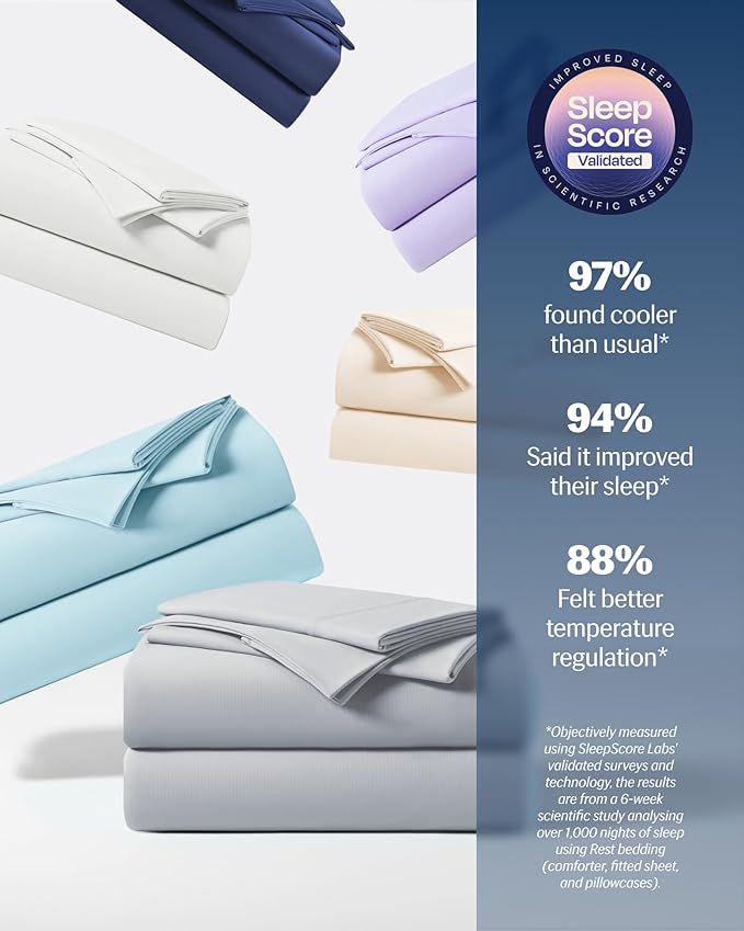 REST® Evercool®+ Cooling Sheet Set, Full Size, Light Gray, Breathable Bed Sheets for Hot Sleeper and Night Sweats, with Pillowcases, with Ionic+ Self-Cleaning Silver Yarn for Sensitive Skin, 4PCS