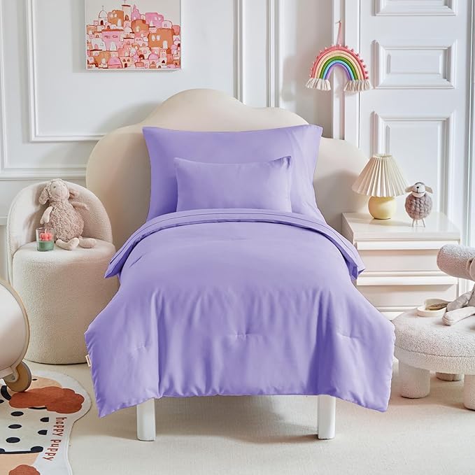 Toddler Bedding Set - 5 Piece Soft and Breathable Toddler Bed Set for Boys and Girls, Includes Quilted Comforter, Fitted Sheet, Flat Top Sheet, Standard Pillowcase and Toddler Pillowcase, Purple