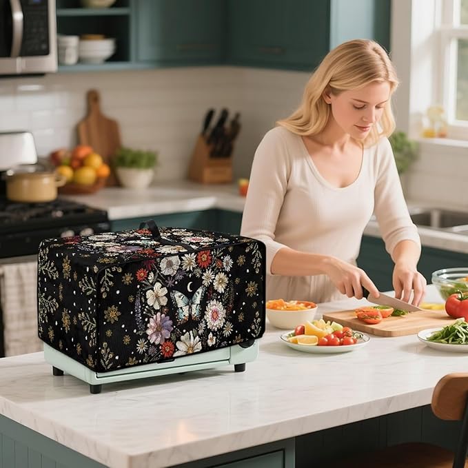 Convection Oven Cover with Pockets, Dust-Proof Protective Smart Oven Cover Small Appliances Protector Kitchen Decor, M, 16.5 x 20.5 x 10 Inches, Butterfly Daisy Moon Black