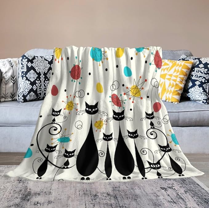 Mid Century Modern Throw Blanket, Atomic Black Cat Starbursts Iconic Sputnik Retro Abstract Geometric 1950s 1960s Throw for Adults Kids Pet, Beige Black 50"x60"
