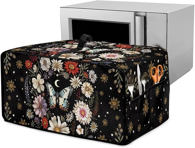 Convection Oven Cover with Pockets, Dust-Proof Protective Smart Oven Cover Small Appliances Protector Kitchen Decor, L, 18.5 x 22.5 x 13 Inches, Butterfly Daisy Moon Black