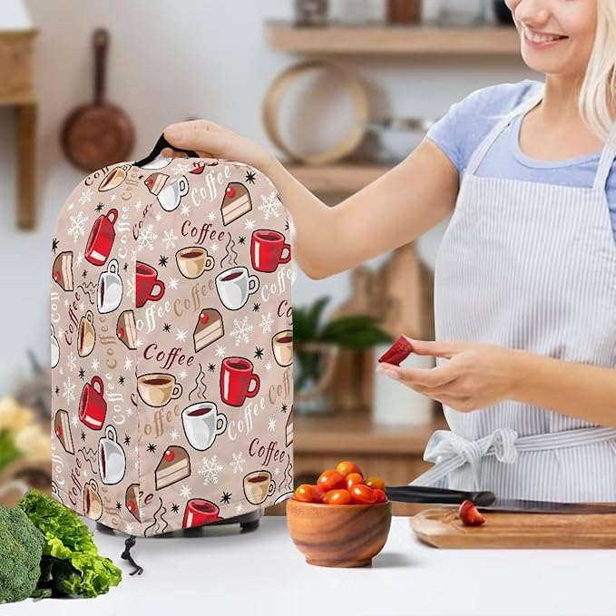 Coffee Pattern Blender Dust Cover with Drawstring, Stand Mixer or Coffee Maker Appliance Covers, Anti Fingerprint Polyester Dust Proof Stain Resistant Blender Cover for Kitchen