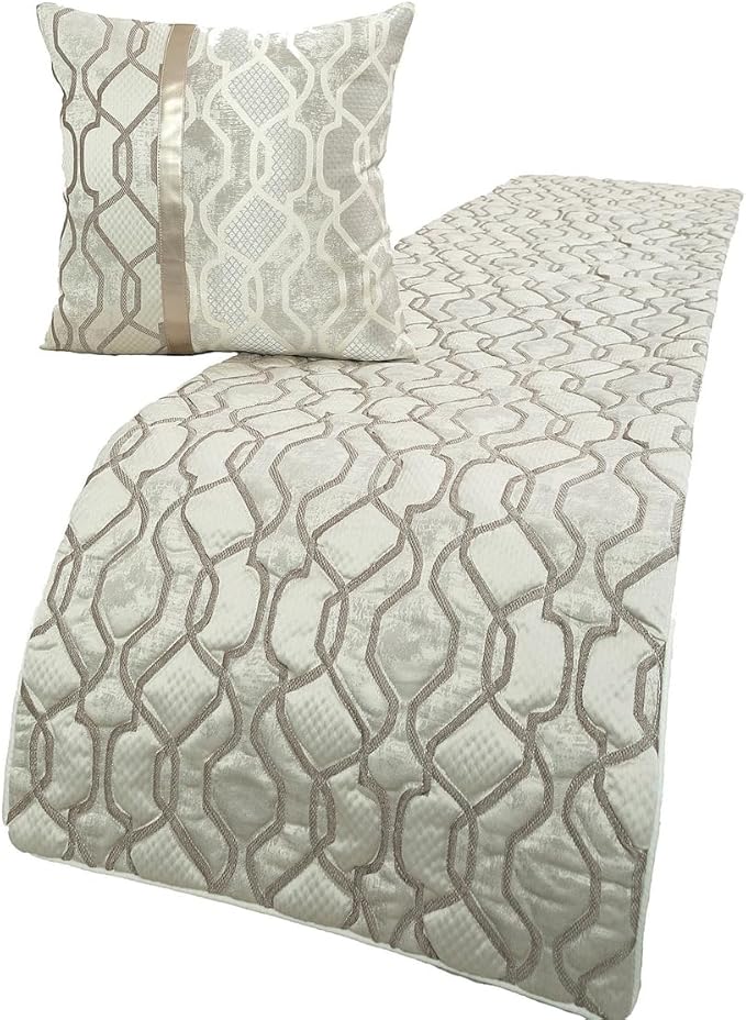 The HomeCentric King/Queen/Twin Ivory & Silver Decorative Queen 74"x18" Bed Runner with Pillow Cover, Lattice & Quilted Bed Scarf on Jacquard Silk Fabric - Ivory Delicacy