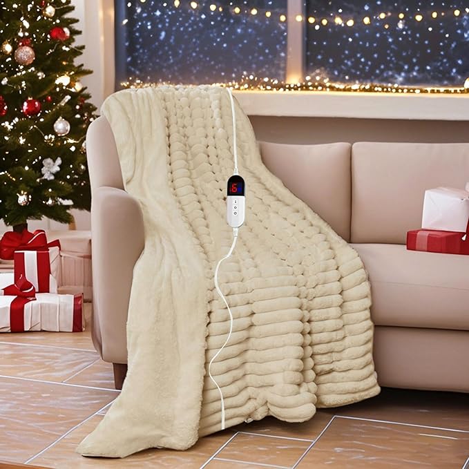 Electric Blanket, Soft Stripe Heated Blanket with 6 Heating Levels & 10 Hours Auto Shut Off, Fast Heating Warm Blanket, Machine Washable, Khaki, 84 x 90 Inch