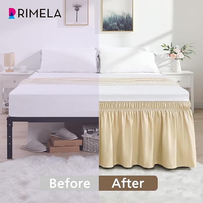RIMELA Beige White Bed Skirt King Size 18 Inch Drop, Elastic Bed Skirting for Bed Base and Frame, Bedding Dust Ruffle Easy to Install, Lightweight Wrap Around Adjustable Bedskirt