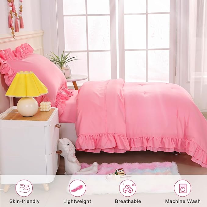Wowelife Toddler Bedding Set for Girls 4 Piece Ruffle Boho Tufted Fringe Pink Toddler Bed Comforter Sets Jacquard Bed Set Bed in a Bag with Comforter, Flat Sheet, Fitted Sheet, Pillowcase