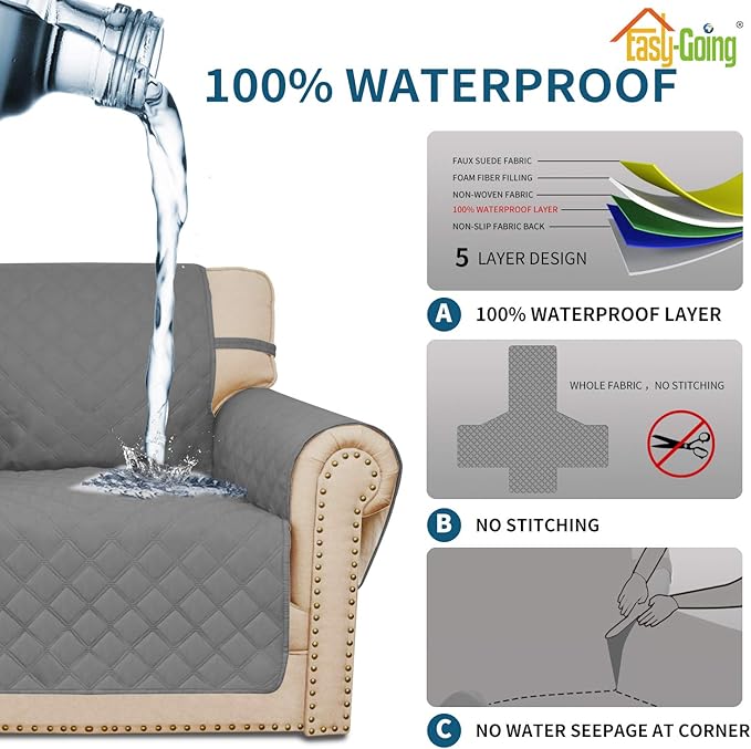 Easy-Going Sofa Slipcover Waterproof Couch Cover for 3 Cushion Couch Sofa Cover Furniture Protector Cover Pets Covers Washable Non-Slip Fabric Pets Kids Children Dog Cat (Sofa, Grey)