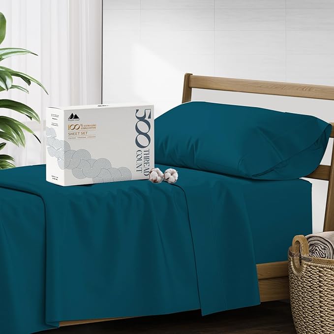 Mayfair Linen 500 Thread Count Twin Cotton Sheets - 3 PC Twin Size Bed Sheet Set Cotton (Teal), Ultra Soft, Cooling, Sateen Hotel-Quality 16" Deep Pocket Bedsheet for Hot Sleepers (Fits 18" Mattress)