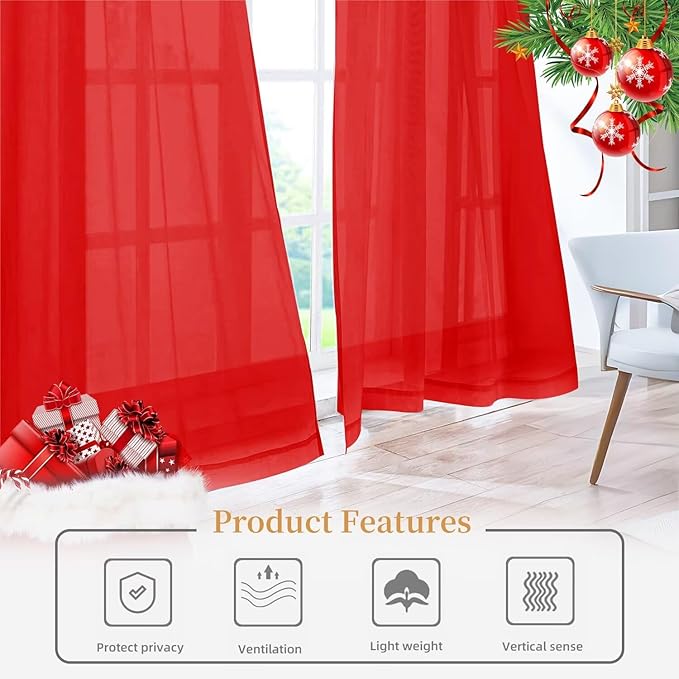 Sheer Curtains 45 Inches Long 2 Panels, Rod Pocket Short Curtain for Kitchen, Bedroom, Cafe Window(Red 38" W x 45" L)