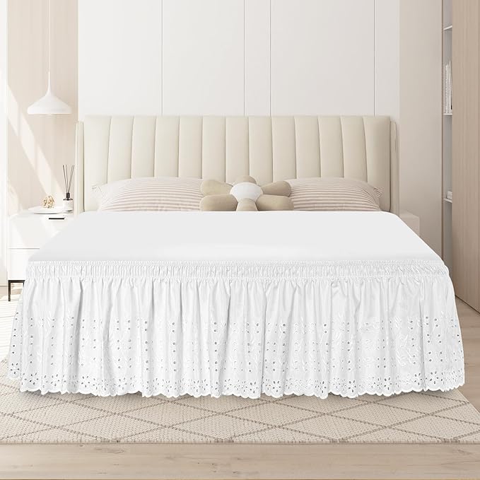 Full Bed Skirt, Wrap-Around Elastic Ruffled Eyelet Bed Skirt Full Size Dust Ruffle with Gathered Styling and Embroidered Details, 18" Drop Length (White)