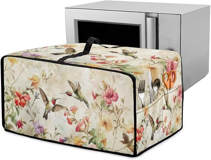 Convection Toaster Oven Cover Decorative Dustproof Convection Microwave Oven Cover with Storage Pockets for Kitchen Countertop, M, 16.5 x 20.5 x 10 Inches, Retro Hummingbird Floral