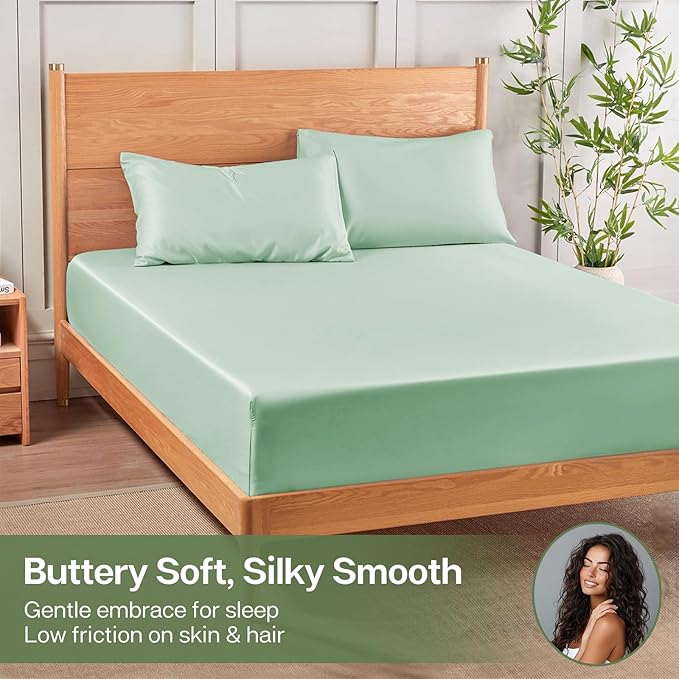 MR&HM California King Fitted Sheet, Ultra-Soft Rayon Derived from Bamboo & Polyester Blend, Silky & Breathable, 15" Deep Pocket with Elastic Straps, Cooling Fitted Sheet for Hot Sleepers, Sage Green