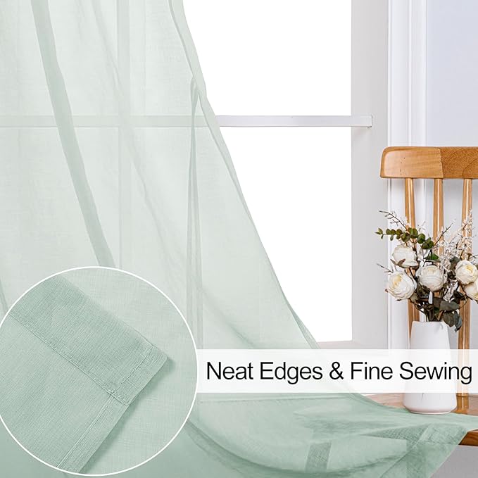 XWZO Sheer Curtains for Bedroom, Light & Airy, Grommet Top Light Filtering Window Curtains for Living Room, Sliding Glass Door, Bean Green with Tiebacks, Set of 2 Panels, 52 x 90 Inches Long