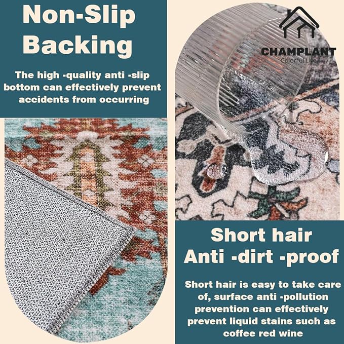 Area Rug 10'x14' Washable Vintage Traditional Mat Distressed Indoor Foldable Thin Retro Accent Floral Print Non Slip Carpet for Living Room Dining Room Office