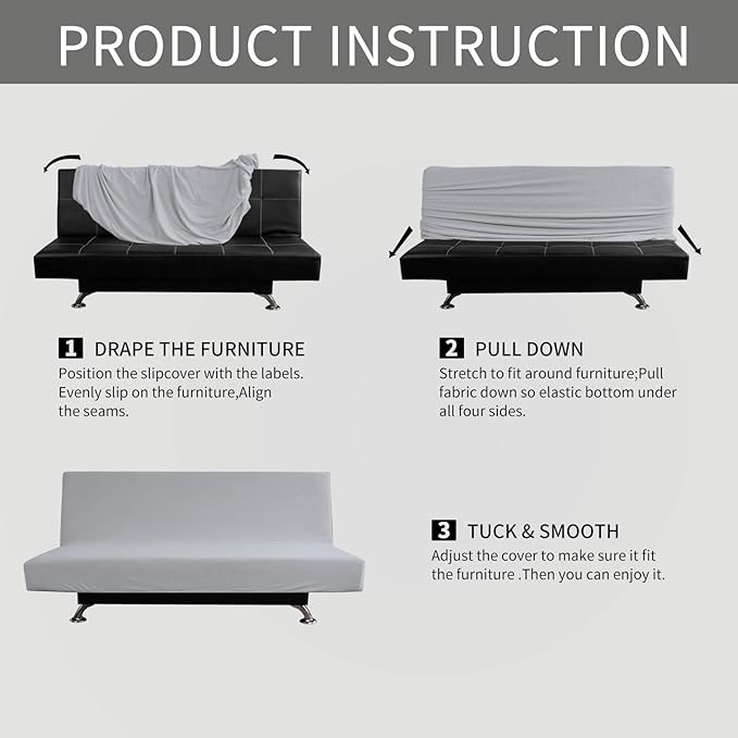 Easy-Going Stretch Futon Sofa Slipcover Armless Sofa Bed Cover Furniture Protector Without Armrests with Elastic Bottom for Kids,Soft Jacquard Fabric Small Checks（Medium Futon,Silver Gray