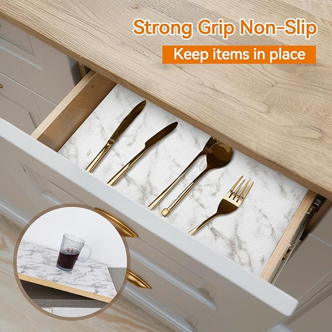 Shelf and Drawer Liner for Kitchen Cabinets Non-Adhesive, Strong Grip Non-Slip Thickened Cabinet Liners for Shelves, Waterproof Mats for Dresser Cupboard, Marble, 24 in x 10 Feet