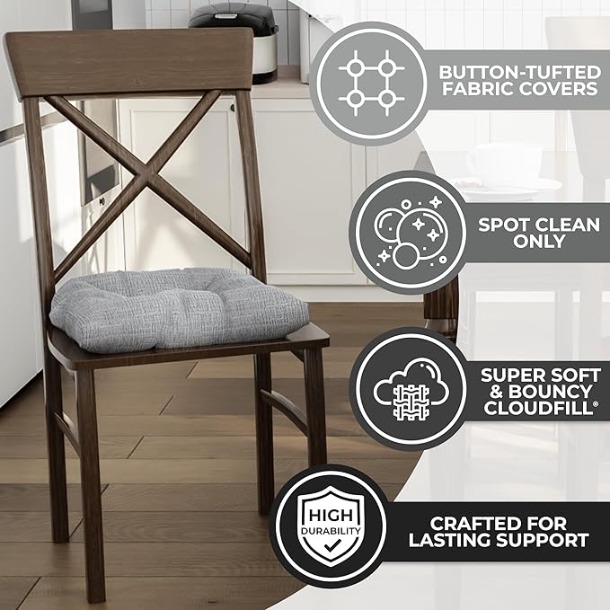 Klear Vu Gripper Overstuffed Universal Non-Slip Dining Chair Cushions for Kitchen Decor or Office Use, U-Shaped Skid-Proof Seat Pad, 17x17 Inches, 2 Count (Pack of 1), Chenille Gray