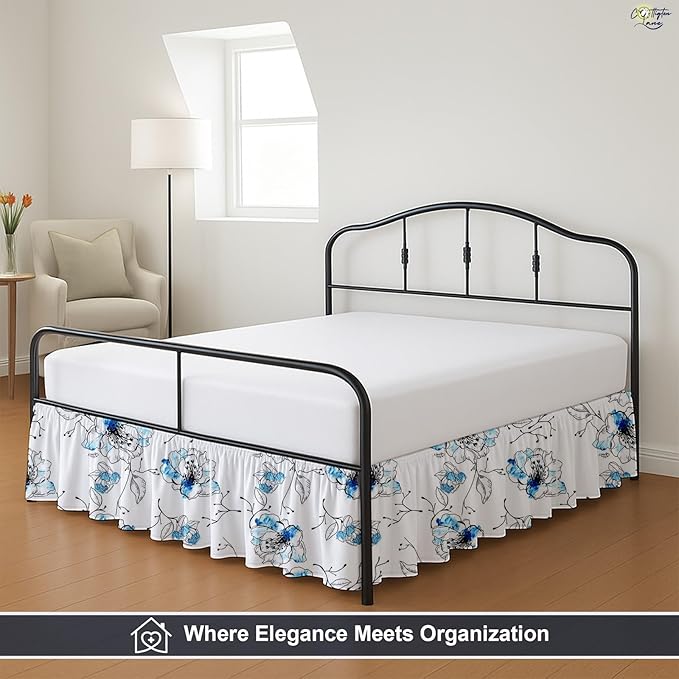 Cottington Lane Ruffled Bed Skirt Twin Size with Split Corner, Brushed Microfiber Hotel Quality Dust Ruffle, 18 Inch Drop Gathered Bedskirt, Soft, Stylish, Shrink & Fade Resistant, Blue Blossom