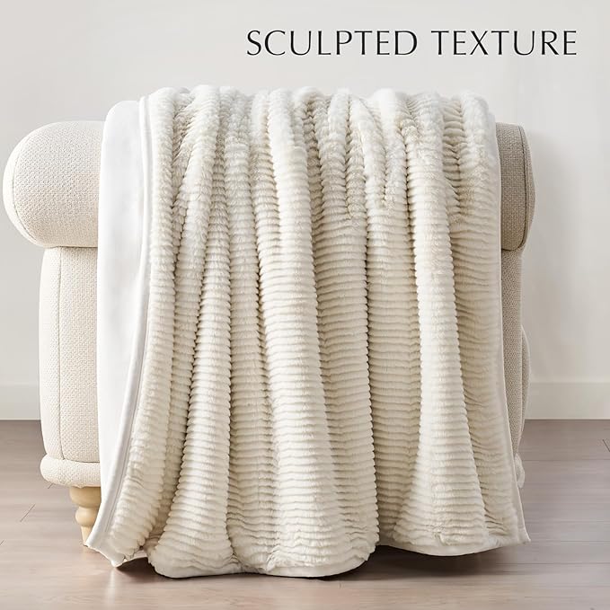 EVERGRACEHOME Ultra Soft Faux Fur Throw Blanket for Couch, Luxury Sculpted Texture Faux Rabbit Fur Blanket for Bed, Fluffy Thick Plush Warm Fuzzy Throw, 920GSM (Ivory White, 50''x60'')