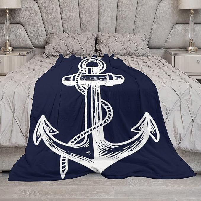 Anchor Blanket Retro Abstract Nautical Navy Blue White Soft Cozy Lightweight Throw Blanket for Kids Girls Boys Women Men Bedroom Living Room Dorm Chair Sofa Travel 40x50in