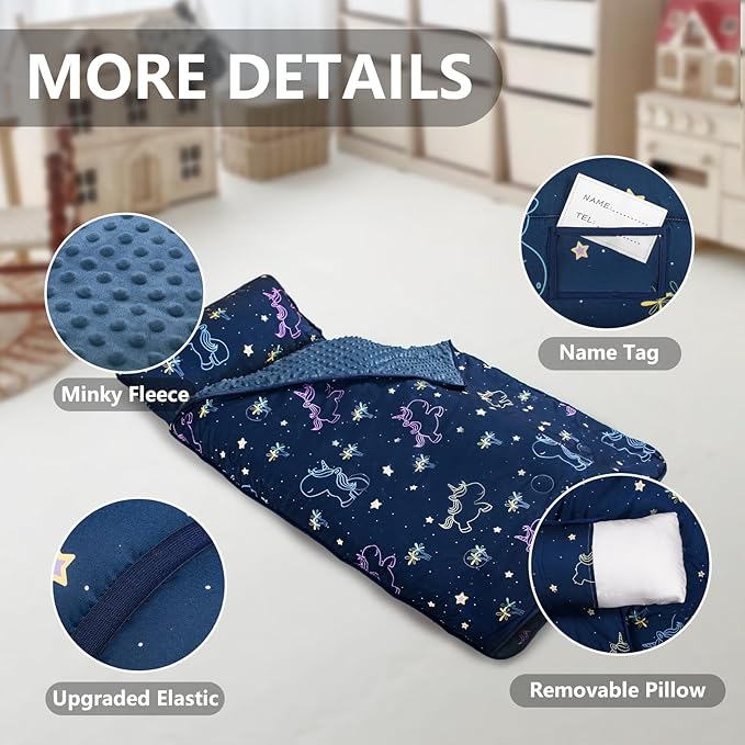 Primlect Thickened Toddler Nap Mat with Removable Pillow and Minky Blanket, Extra Large 55''x35'' Sleeping Bag, Washable, Roll up, Perfect for Daycare, Preschool, Kindergarten, Boys and Girls