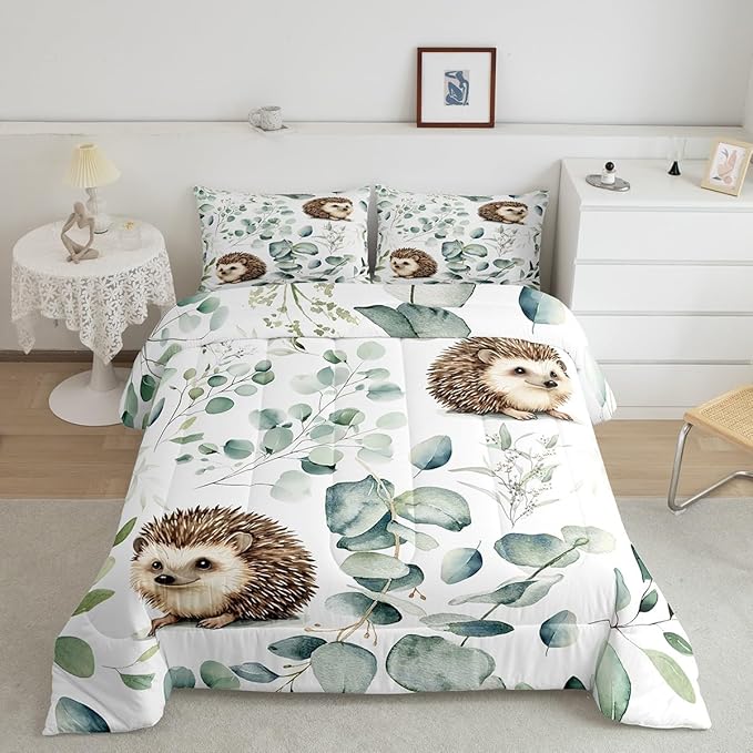 Erosebridal Cute Hedgehog Twin Comforter Set for Kids Child Green Eucalyptus Bedding Set Twin, Woodland Animal Bedding Comforter Sets Plant Leaves Duvet Set, Cartoon Wildlife Quilted Comforter