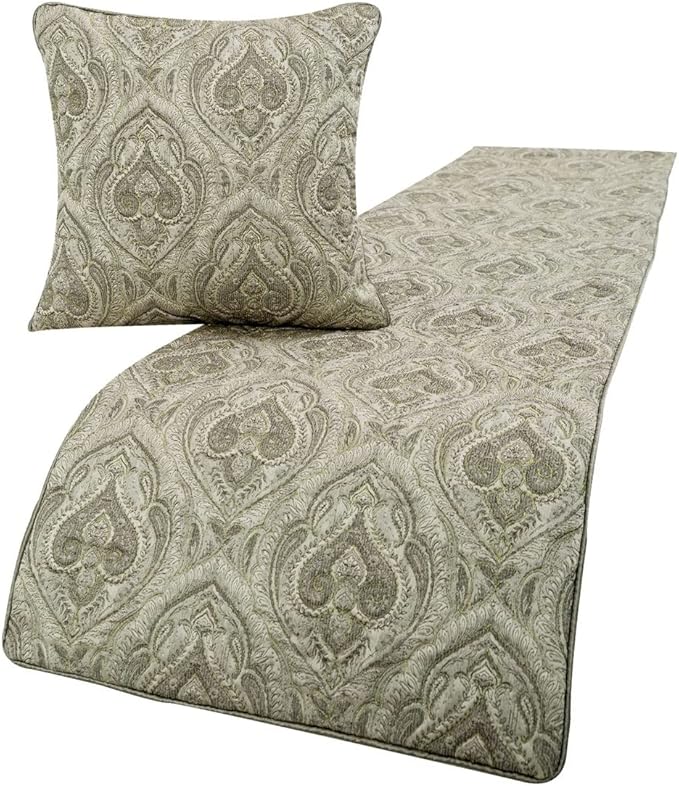 The HomeCentric King/Queen/Twin Grey Decorative Twin 53"x18" Bed Runner Without Pillow Cover, Quilted, Damask& Gold Zari Embroidery Bed Scarf on Silk Fabric - Winifred