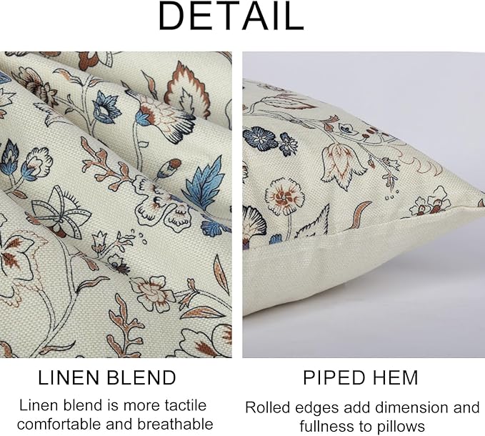 Vintage Flroal Pillow Cover 18x 18 Set of 2, Chinoiserie Blooming Blue Flower Decorative Linen Pillow Cushion Case,Vintage Home Decor for Outdoor Couch Bedroom Car