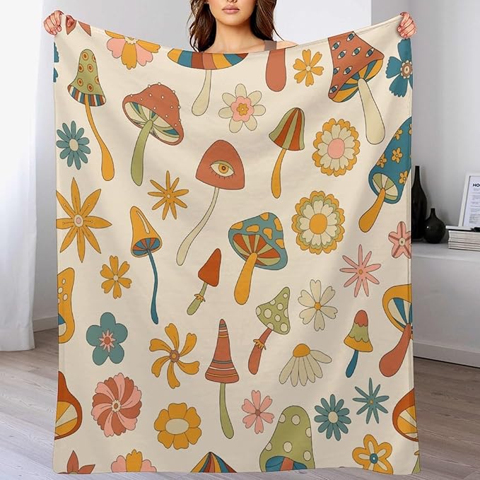 70s Mushroom Throw Blanket, Retro 60s Groovy Mushroom Boho Hippie Flowers Print Blanket for Kids Baby Bedroom Sofa Holiday Decor 50"x60"
