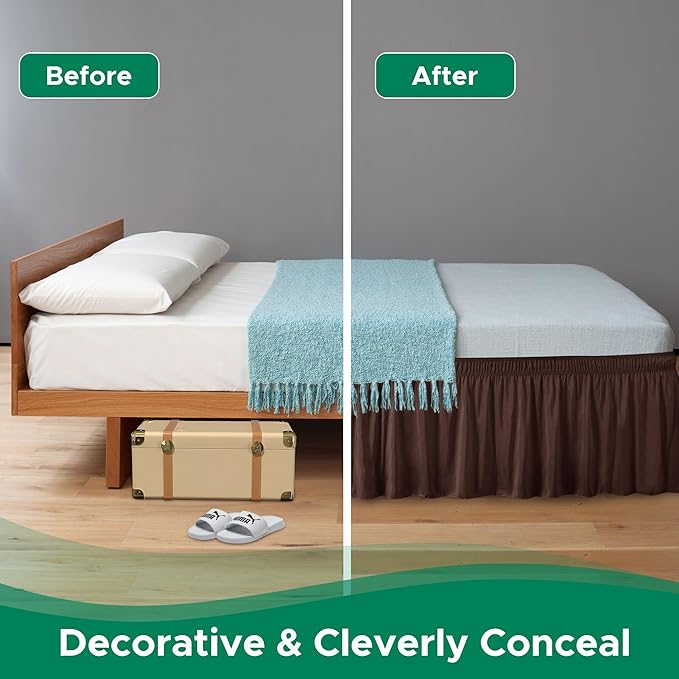 Biscaynebay Wrap Around Bed Skirts for King & Cal King Beds 18" Drop, Brown Adjustable Elastic Dust Ruffles Easy Fit Wrinkle Resistant Silky Luxurious Fabric Machine Washable