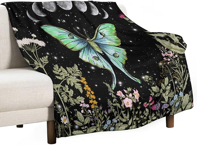 Moth Floral Flannel Blanket, Gothic Witchy Moon Phase Botanical Vintage Wildflower Plantsprint Soft Warm Fuzzy Throw Blanket for Couch Sofa Office Bed, 50"x60"