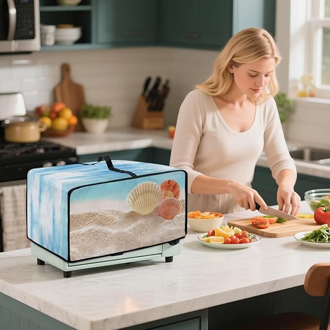 Toaster Oven Dust Cover Protective Microwave Oven Cover with Pockets, Small Appliance Decor for Kitchen Countertop, M, Beach Seashell