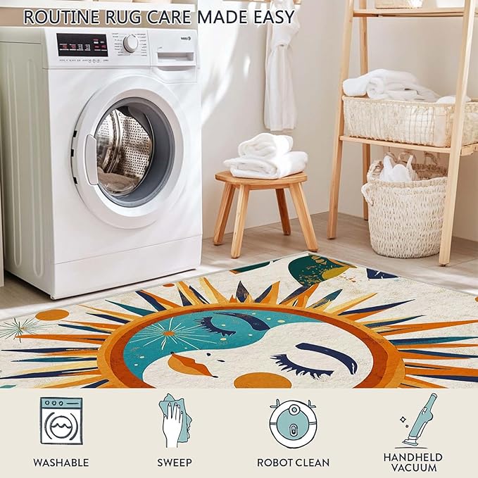 5x7 Sun and Moon Area Rug Leaf Orange Yellow Blue Beige Rug Non Slip Low Pile Large Carpet for Home Kitchen Living Room Bedroom Dining Room Office