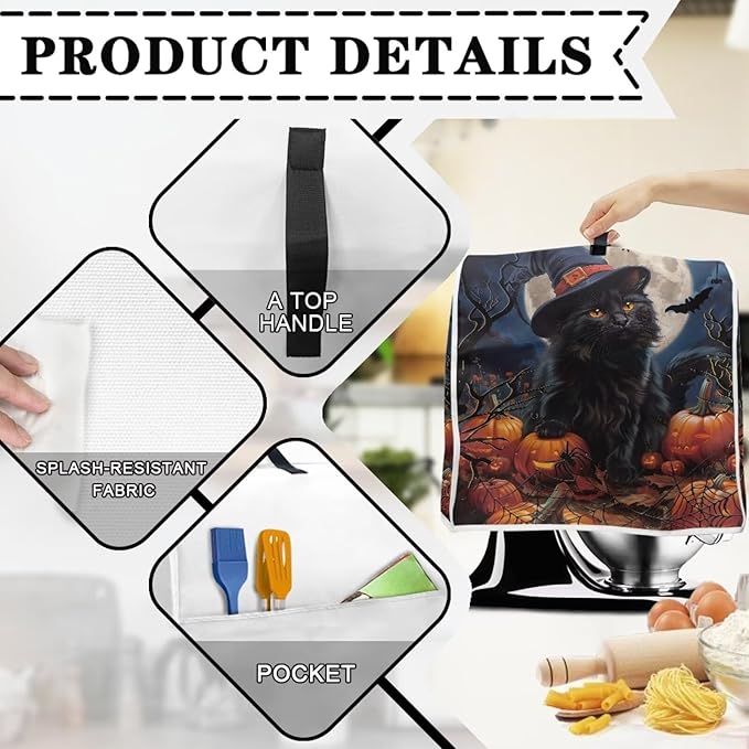Black Cat Stand Mixer Cover 4.5-5 Quart Pumpkin Bat Kitchen Appliance Covers Dust Protection Universal for Pressure Cooker Air Fryer Halloween Kitchen Home Decorations