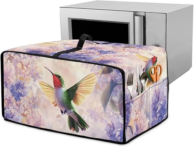 Hummingbird Hydrangea Floral Print Dust Cover for Microwave Oven Waterproof Heavy Duty Microwave Oven Cloth Cover with Storage Pockets Kitchen Appliance Protector, S