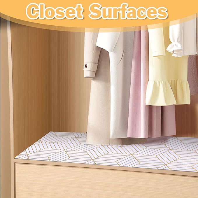 Shelf Liners for Kitchen Cabinets Non Adhesive Shelf Liner Paper Non-Slip Thickened Drawer Liner Easy to Clean for Tool Box Refrigerator with Knife and Tape Measure, Gold Geometric, 23.6 x 354.3 in
