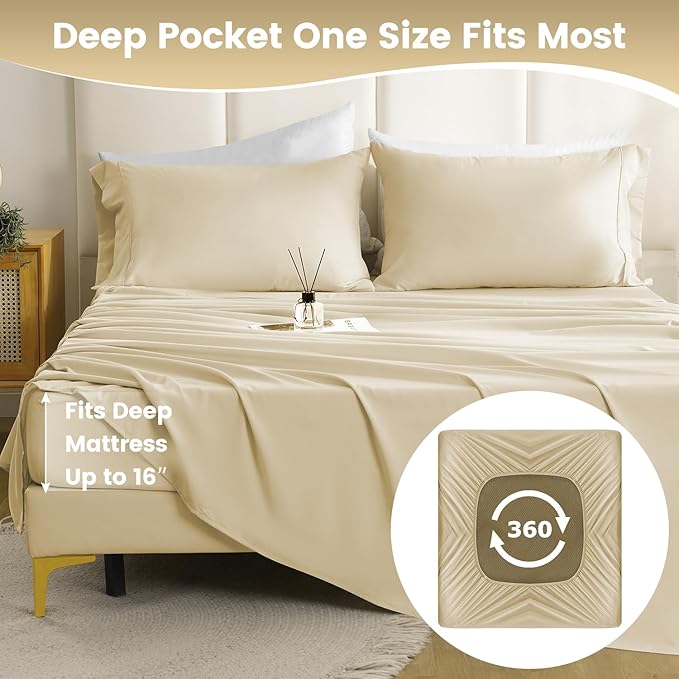 Lightweight Soft King Sheet Set - Luxury 4 Piece Breathable Cooling Sheets for King Size Bed, 16" Deep Pocket Easy Care Wrinkle Free Bedding Sheet and Pillowcase Set, Beige