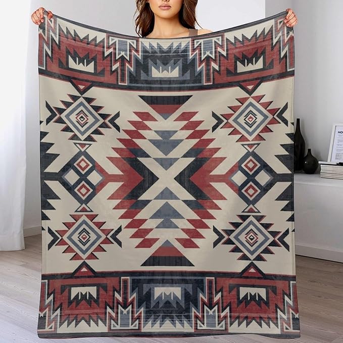 Southwest Blanket, Tribal Indian Throw Blanket Red Black Aztec Ethnic Geometric Print Blanket for Couch Bed Sofa Cover Throw Home Decor 30"x40"