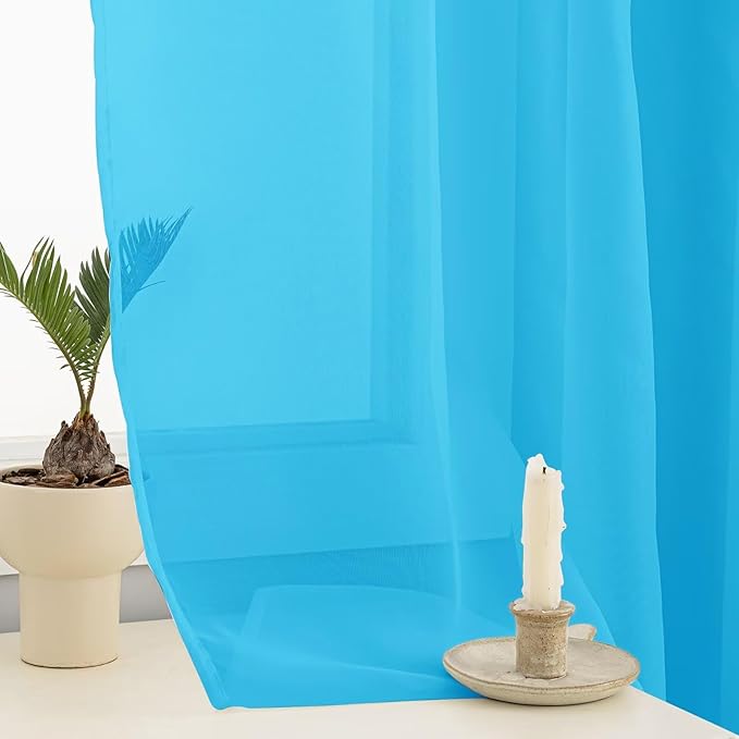 Sheer Curtains 63 Inches Long 2 Panels, Rod Pocket Short Curtain for Kitchen, Bedroom, Cafe Window(Cyan Blue 38" W x 63" L)