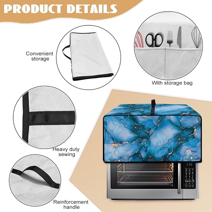 Toaster Oven Dust Cover with Storage Pockets, Dust Protection Smart Oven Cover for Kitchen Countertop Home Decor, S, 14.5 x 18.5 x 9 Inches, Blue Gold Marble