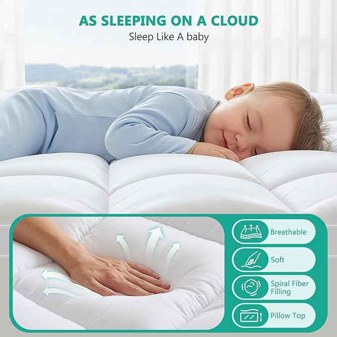 Queen Mattress Topper - Extra Thick Mattress Pad Cover - Pillow Top with Soft Breathable Spiral Fiber Filling, 8-21 Inch Deep Pocket, Cooling, White