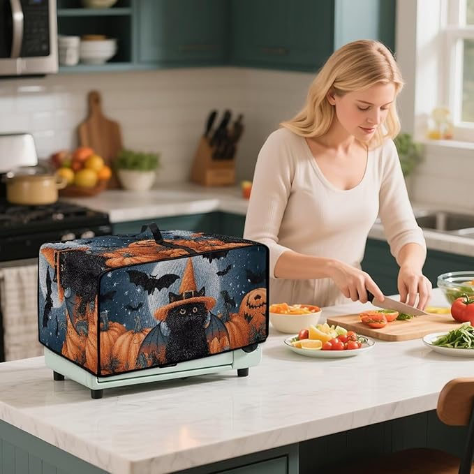 Bat Cat Pumpkin Moon Print Toaster Oven Cover Dust-Proof Microwave Oven Grill Cover Protector with Top Handle Reusable Reusable Kitchen Accessories for Halloween Decor, L