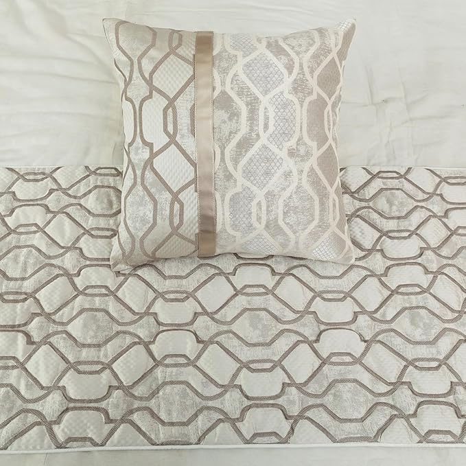 The HomeCentric King/Queen/Twin Ivory & Silver Decorative King 90"x18" Bed Runner with 2 Pillow Cover, Lattice & Quilted Bed Scarf on Jacquard Silk Fabric - Ivory Delicacy